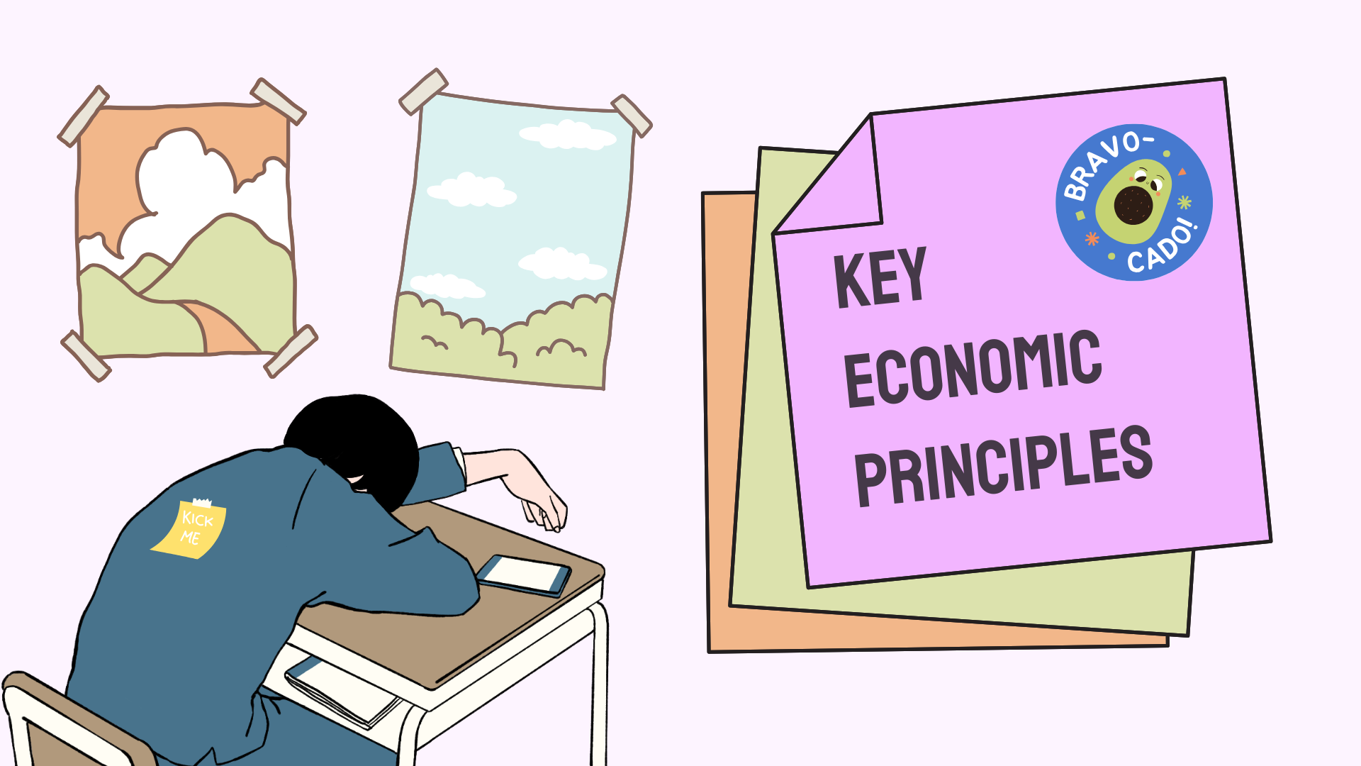 A student hunched over a desk sleeping with posters on the wall in front of them.