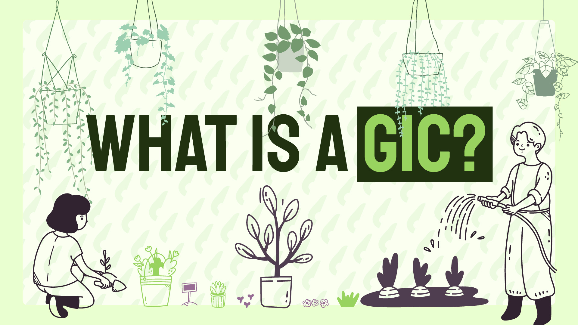 A man and a woman watering various plants and vegetables with the text "what is a GIC" centred.