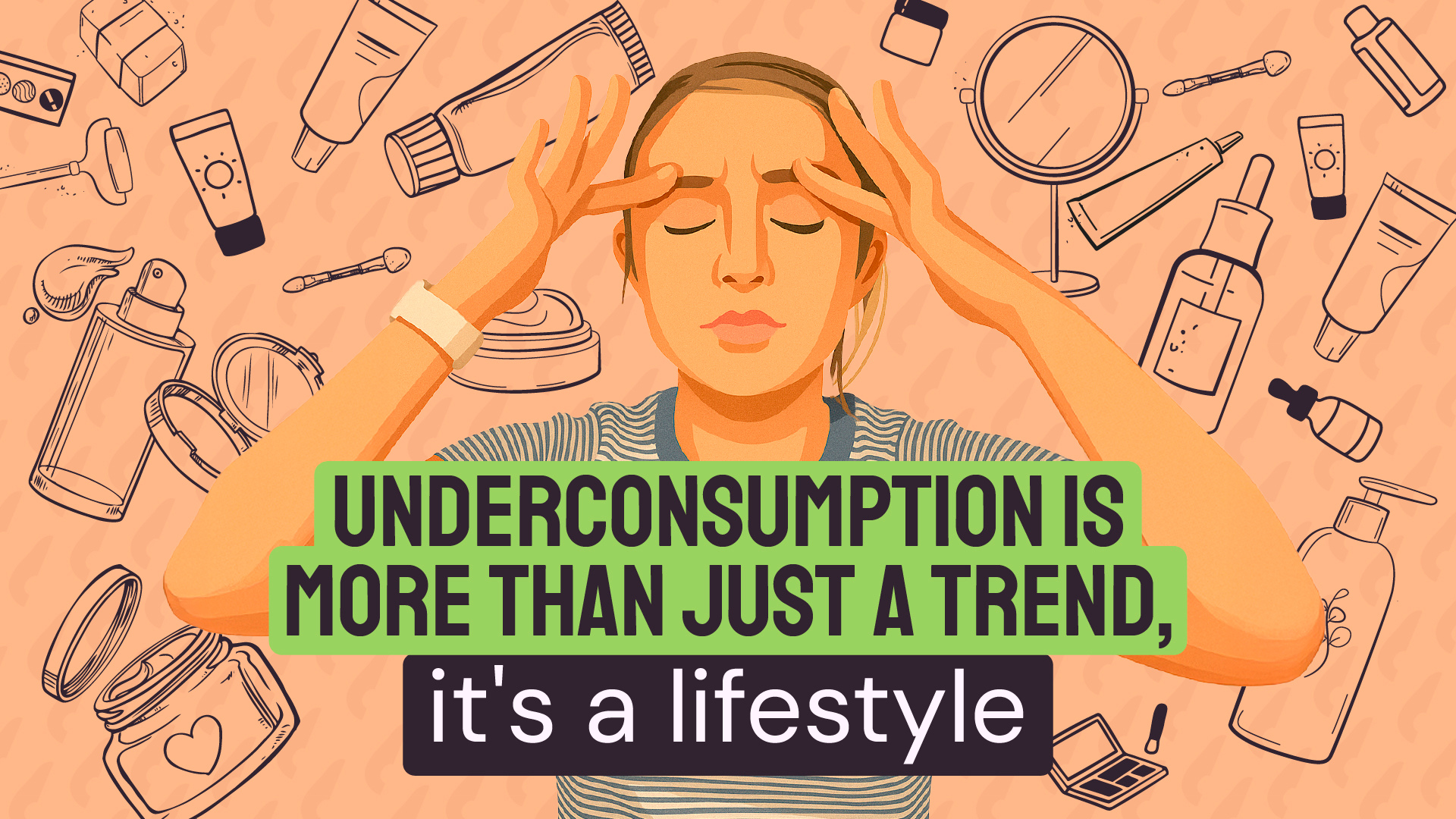 A woman with her fingers on her temple. Various graphics of makeup products are seen behind her.