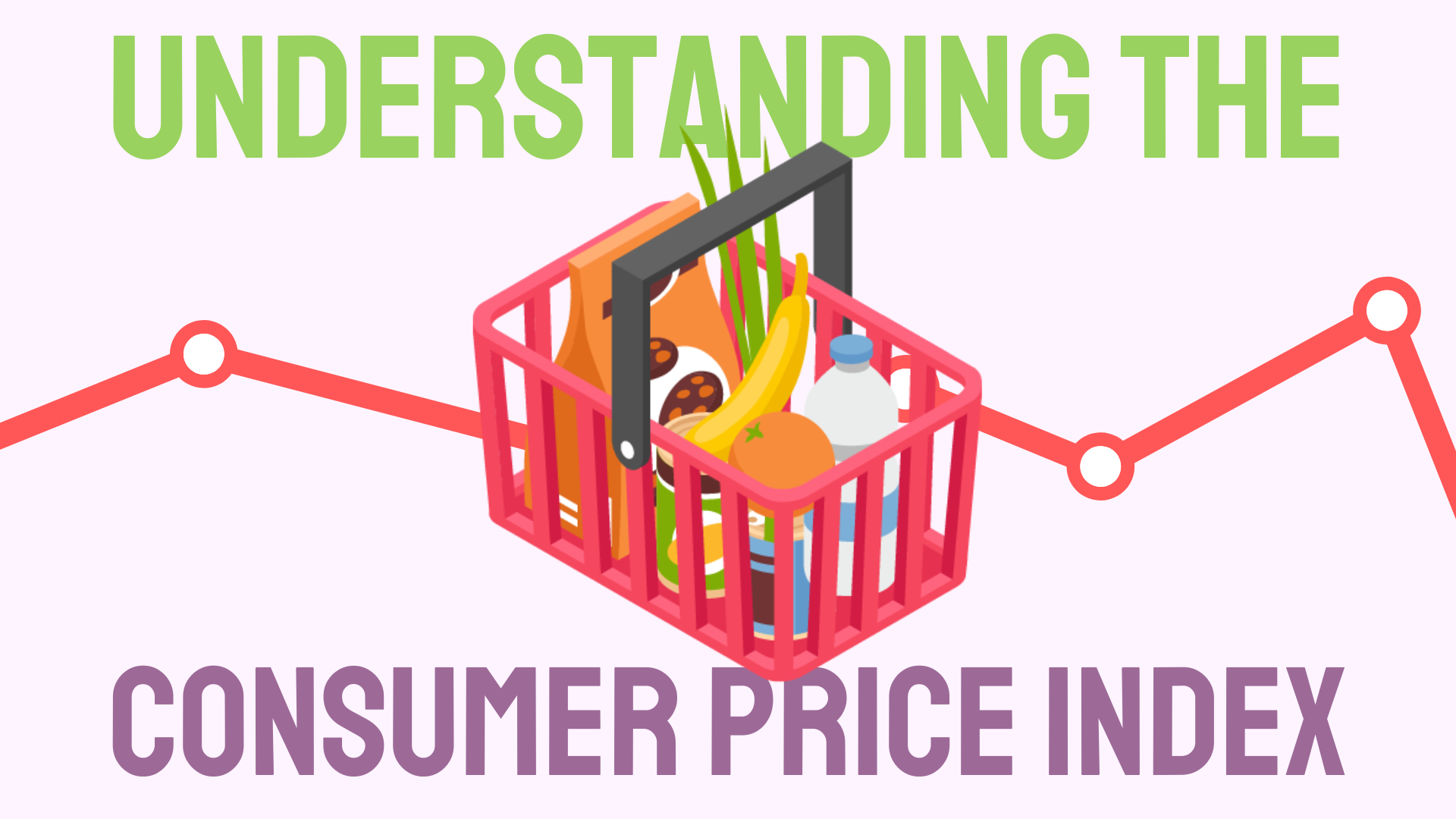 a red grocery basket filled with various grocery items with a like graph behind it. The text "understanding the consumer prince index" is also visible.