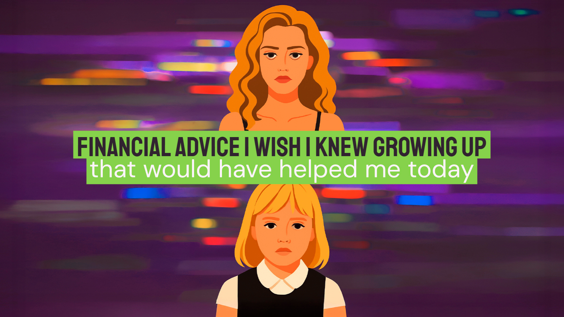 A cartoon stylized image of a woman and her younger self. The background is purple. The blog's title is overlayed. 