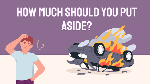 A man scratching his head with a car flipped upside down and burning in the background.