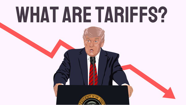A comic style Donald Trump standing at the podium with a red line trending downward.