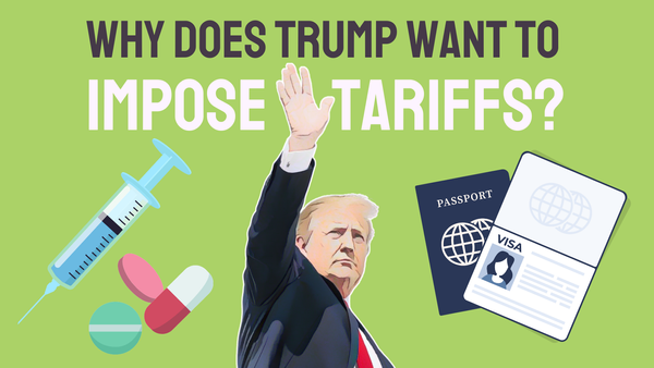 A comic style Donald Trump with his hand raised. On his left is a needle and pills and on his right is a passport.