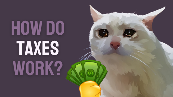 A sad cat holdings a fist full of money with the text How Do Taxes Work? on the left.