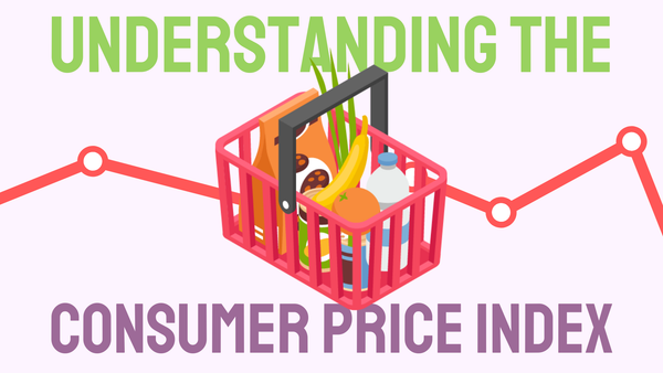 a red grocery basket filled with various grocery items with a like graph behind it. The text "understanding the consumer prince index" is also visible. 